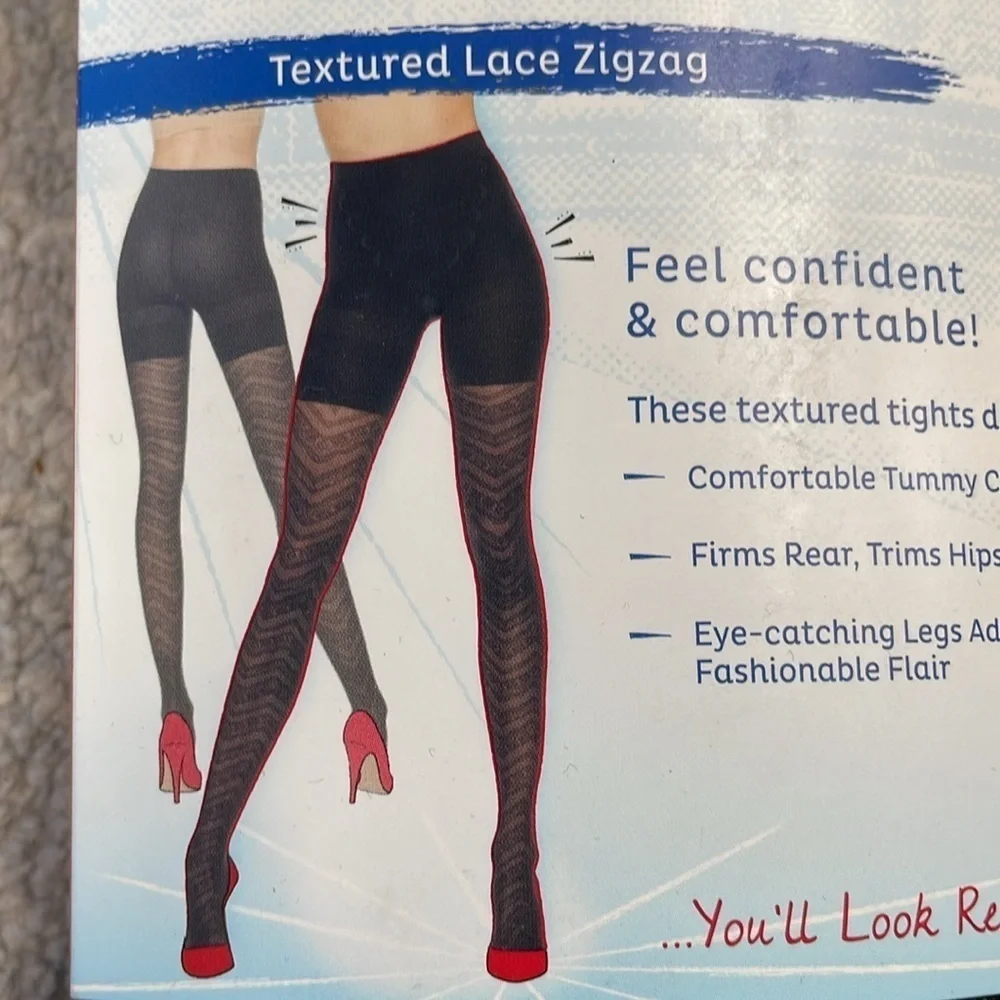 Spanx Assets Red Hot Label Black Textured Lace Zigzag Tights Smoothing Sz 4 D